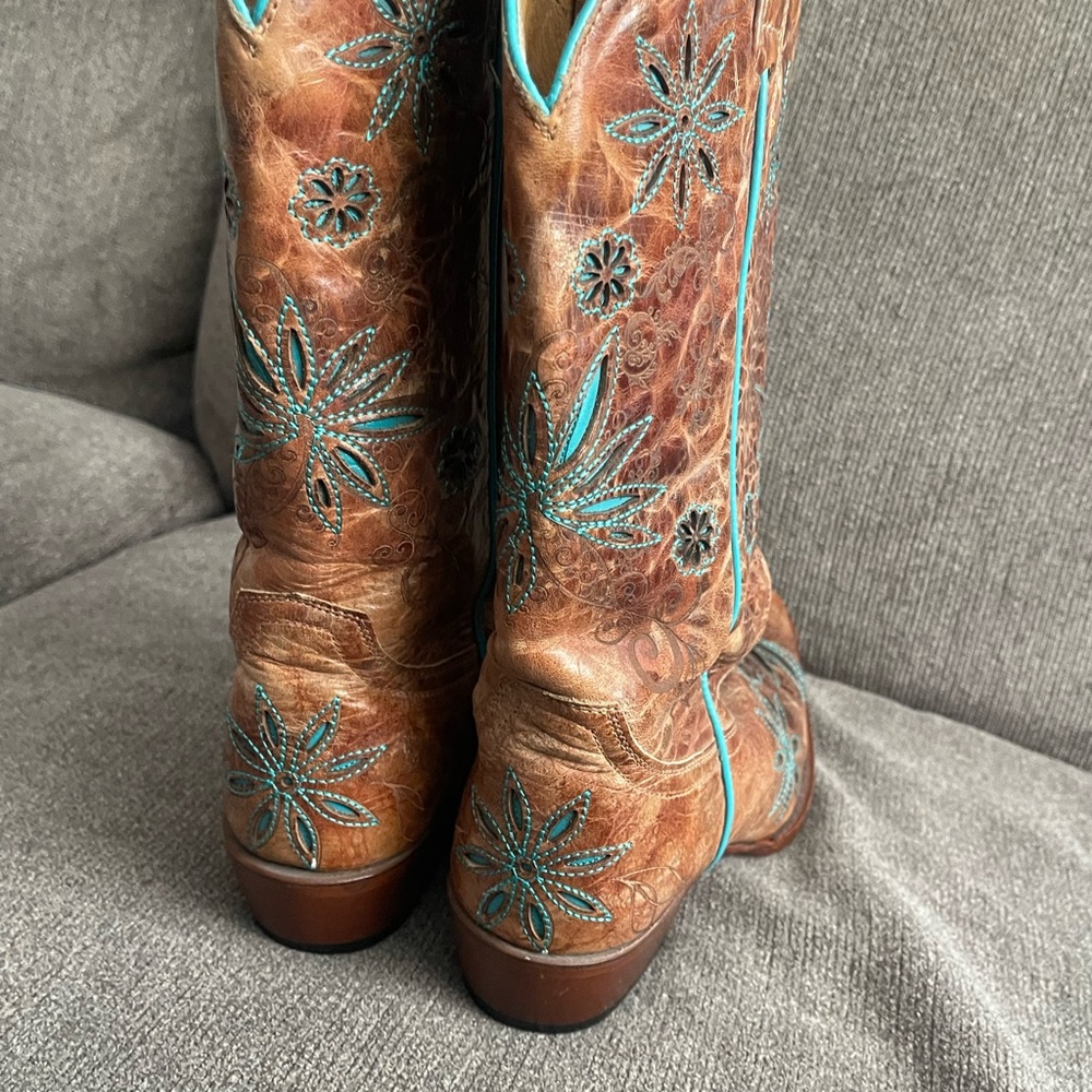 Brown and Teal Embroidered Western Boots